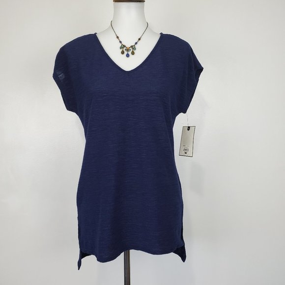 Dana Buchman Navy Textured Step-Hem Pullover V-Neck Top Blouse NEW NWT Size S - Picture 1 of 12